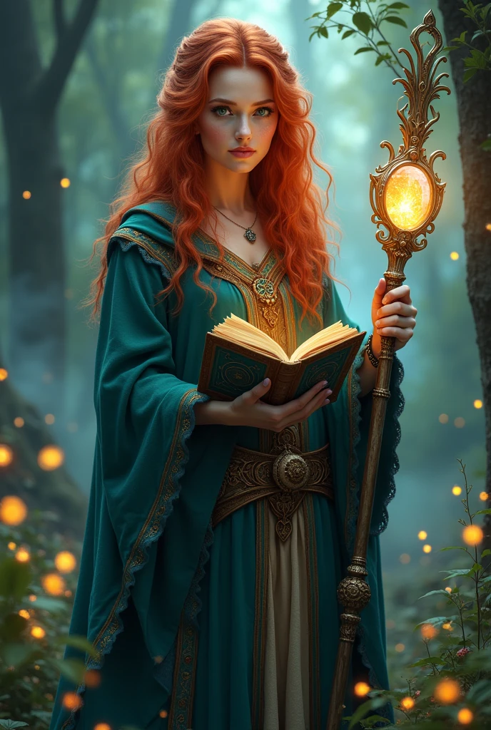A red-haired mage with a grimoire and a staff, green eyes and no ears.