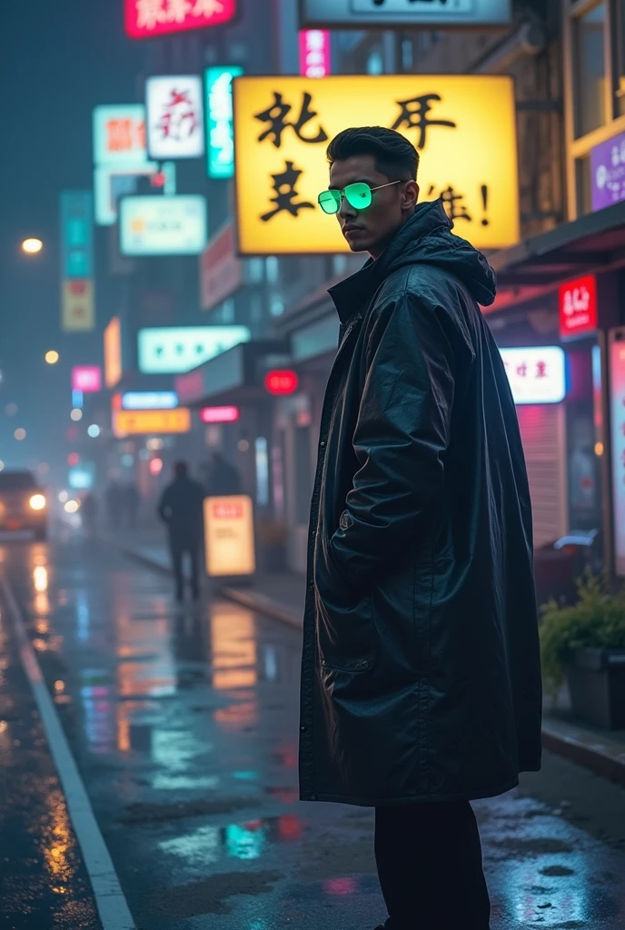 (appearance) a young man of South Asian race, with black hair, slightly narrow green eyes eyes, hair od future cyberpank, (suite) dressed in thick black old raincoat,narrow cyberpunk glasses with opaque colored lenses, rimless bottom, (effects) 8k quality, sharp focus,fine details, HDR, realism, realistic, key visual, film still, cinematic color grading, depth of field, background cyberpank, Night, neon light, (emotional) a stern face, with glowing eyes, A face in partial shade, expressive look, expressive face, sci-fi, telephoto shot, chromatic aberrations, tilt-shift effect, light leaks, expressive narrow eyebrows, narrow chin, adult face, in un orecchio 2 Piercing