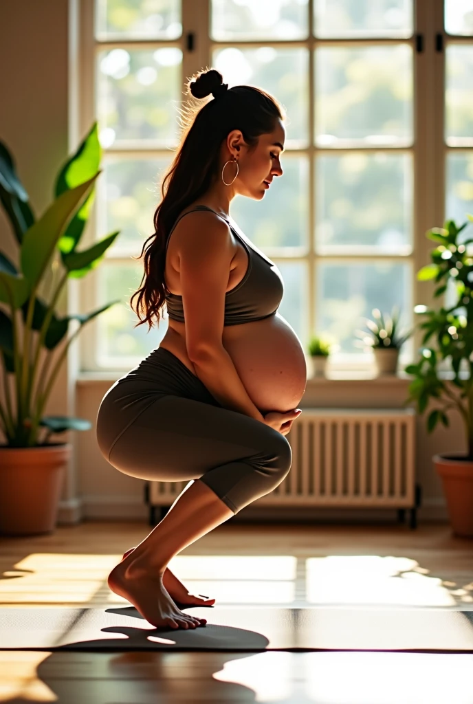 Draw a pregnant woman doing an exercise where she lowers herself, supports her hands, and swings her hips, then stands up.

