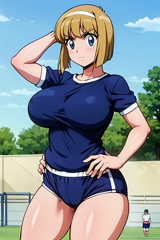 Head to knee portrait、alone、Natural Makeup、head band、((School-designated gym clothes))、((The upper body is white short-sleeved gym uniform))、((Long white gym clothes))、(((Very tight bloomer rise bloomers)))、(((Navy Bloomers)))、(((Tuck the bottom of your gym clothes into your bloomers)))、Big Breasts、Big Ass、(((Schoolyard)))、((Realistic fingers))、((Perfect Style))、((Realistic body shape))、Sunburned skin、((Hosokawa Miki))、