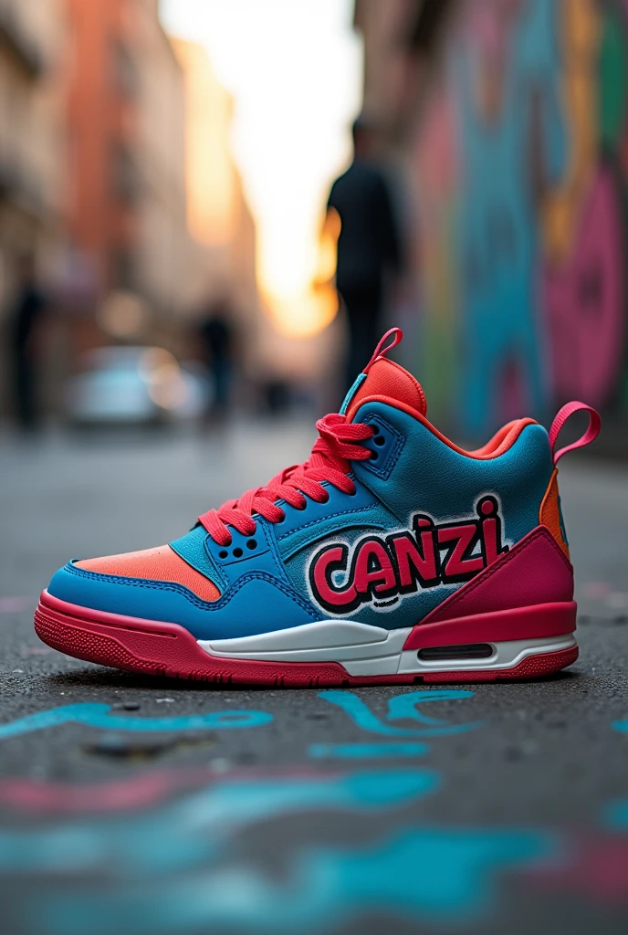 create a photo of a sneaker in the streetwear style written 'Canzi', to use as an example, and I don't have the Nike symbol