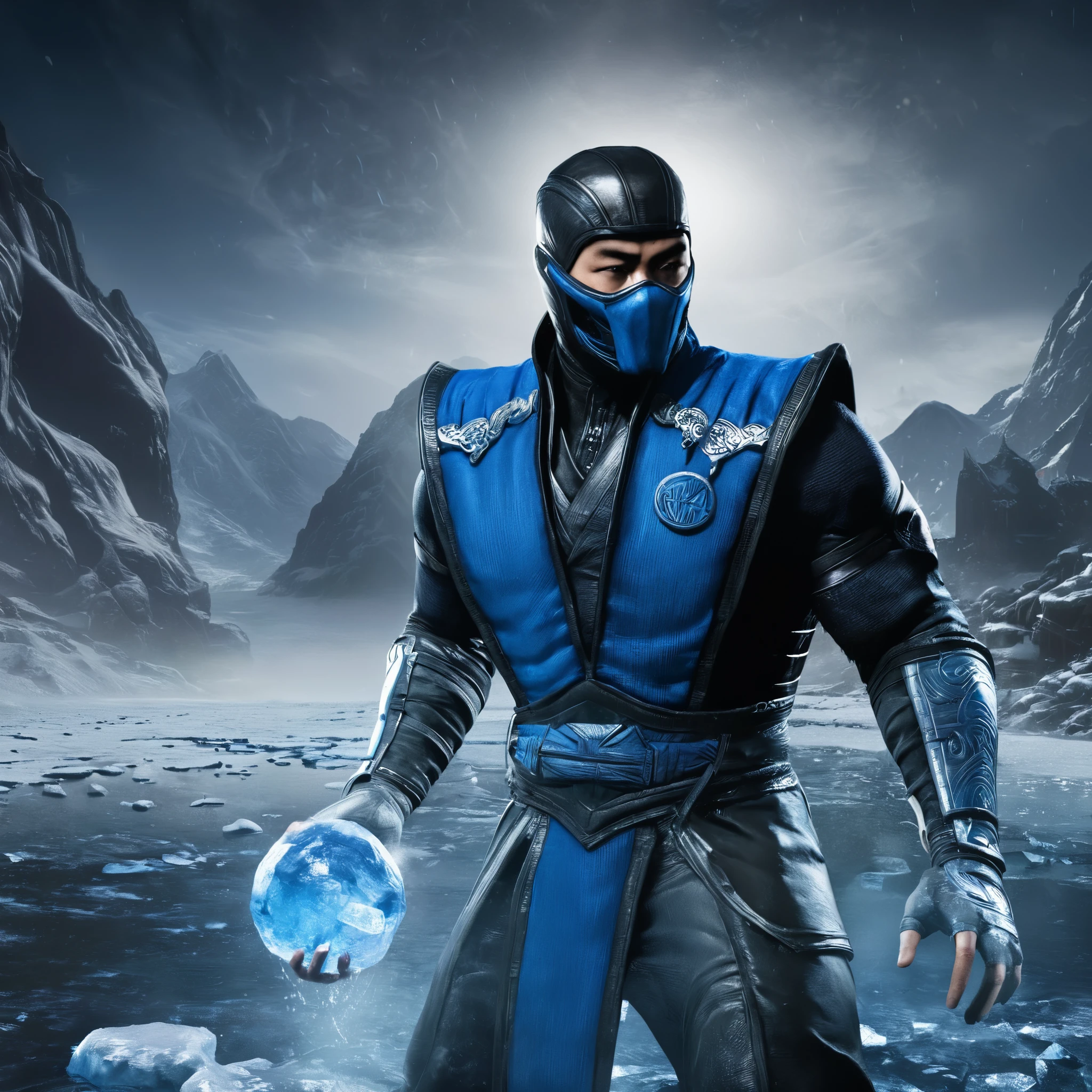 Sub-Zero (Bi-Han), from Mk11, Sub-Zero, creating ice ball in his hands, cold and walking head on, across a completely frozen river in ultra-realistic cinematic Sub-Zero, MkX, with blue costumes with small details on the Blue costumes, 8k, 2 professional photography, highly detailed, with, dramatic lighting, cinematic, hyperrealistic, costumes pictured, detailed skin, 4k, epic, night, ultra-realistic cinematic Sub-Zero 