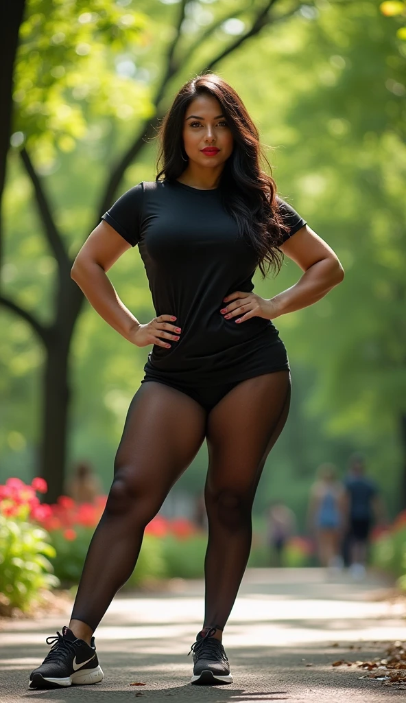 Show entire body, feet in view, gorgeous Mexican supermodel, huge breasts , wearing tight t-shirt, athletic shirts sheer black pantyhose, sneakers, Clear eyes、red lipsticks, stretching, Central Park
