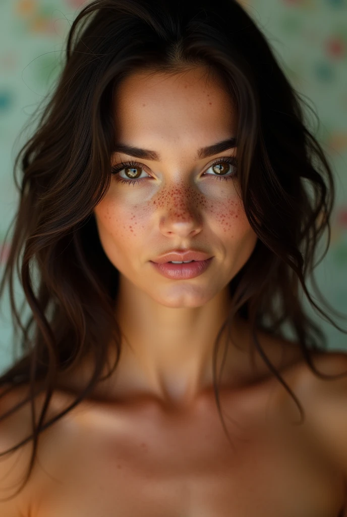 White woman with dark hair, slanted eyes and freckles, with breasts out, looking at the camera sensually