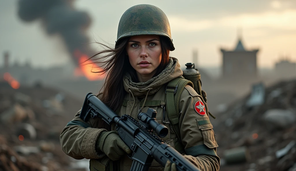 female russian soldier in the battlefield