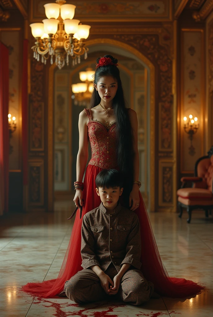 Chinese, very cute beautiful young woman, stuck a knife in his throat of a boy blindfold bloody in n eck sadism, luxury house