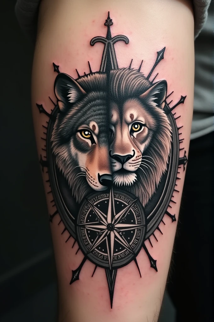 Wolf, lion and compass tattoo on the arm 