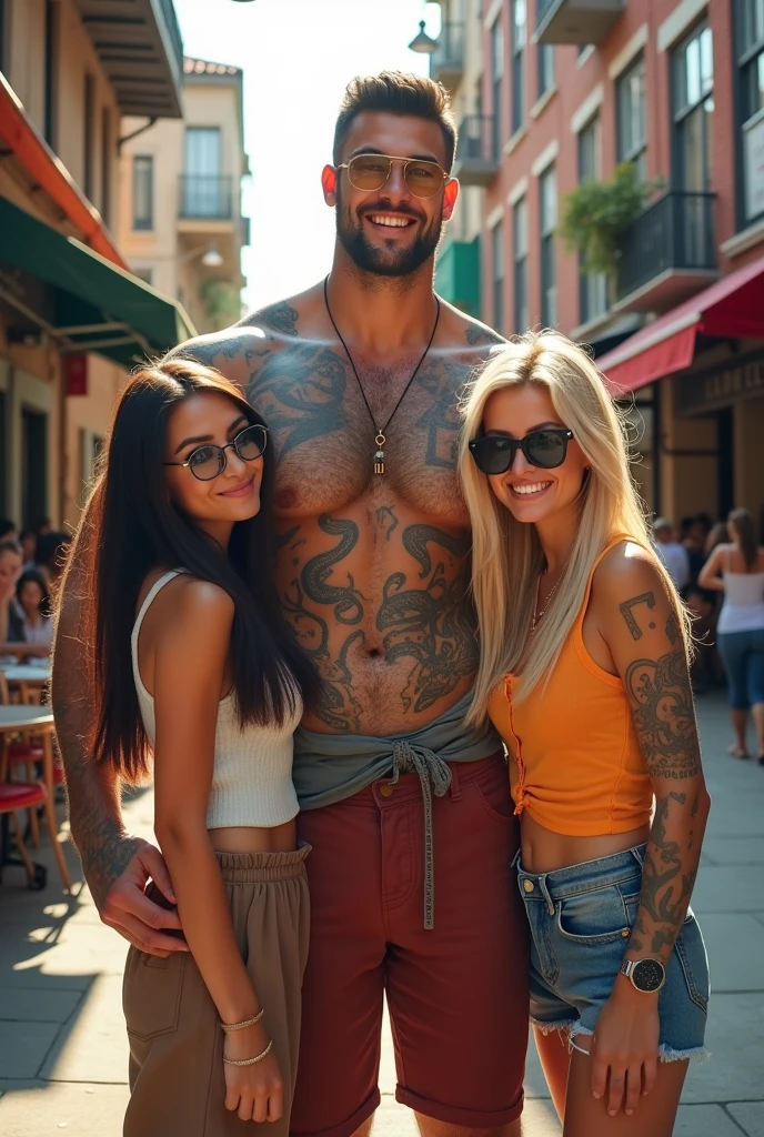 Three friends, two women and one man, a brunette woman with straight hair and glasses, another blonde with glasses and the strong man with tattoos