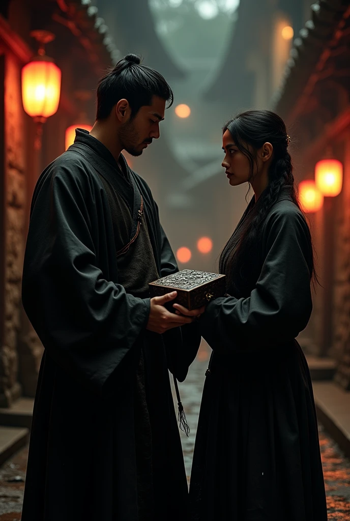 A man with short black hair, Cao Cao, dark skin and extremely handsome, a hard and sad expression on his face, He wears black, old clothes, he is with a woman with short black hair and old black clothes, she holds a small wooden box.