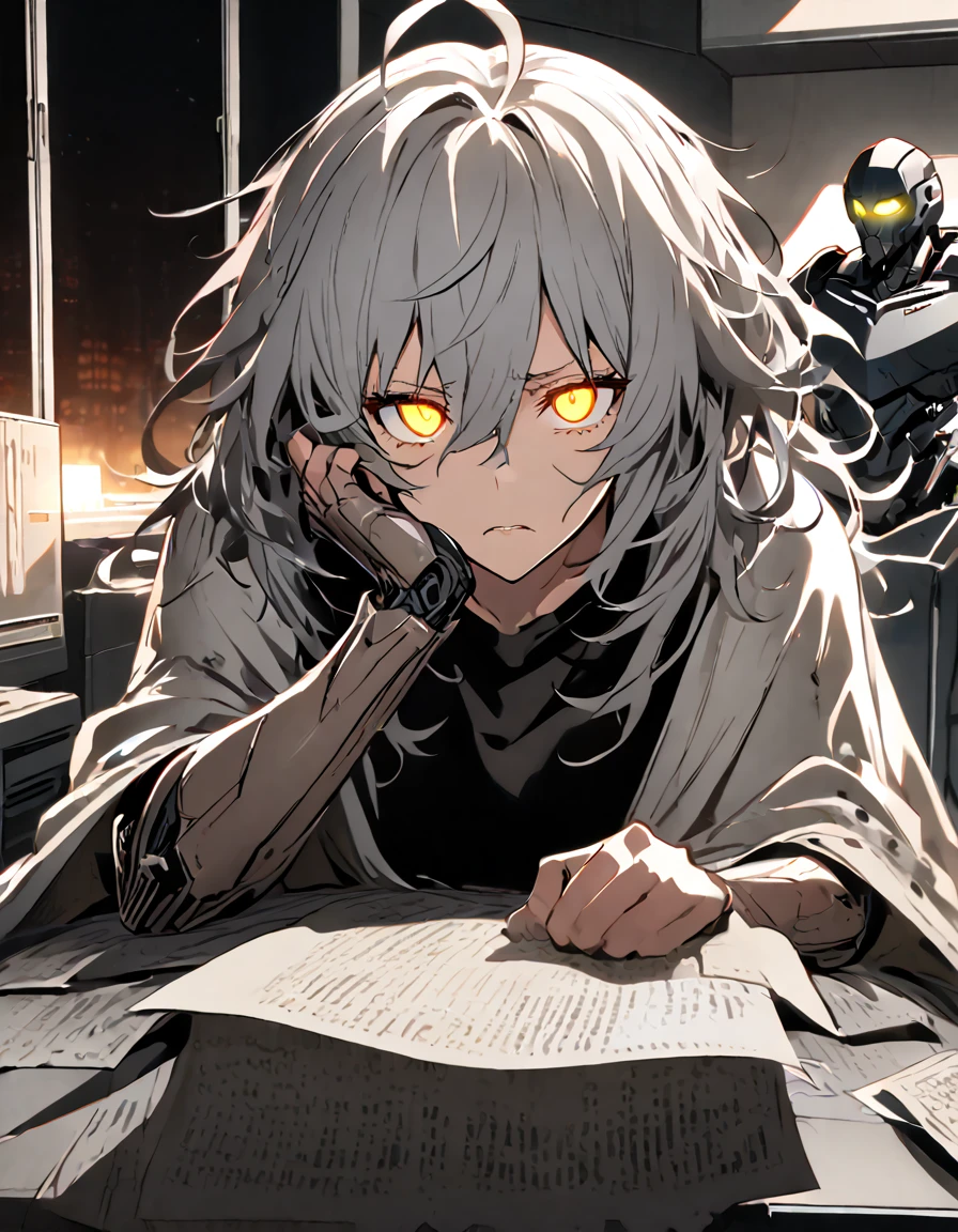 mature, Golden eyes, looking at viewer, female, hospital room background, messy hair, grey shoulder-length hair, parted lips, hair between eyes, ahoge, background in low light, dark, night, emotionless, robot, white cloak, black shirt, robotic left eye, sitting down, desk, papers, glowing eyes, frown, hand on face, damaged arms, damaged eye, no emotion