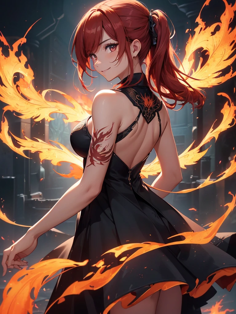 (((best quality, sharp image, clear image, cinematic lighting, 8k resolution, masterpiece, ultra detailed, intricate))) Girl casting magic, (((looking over left shoulder))), (shot from behind), ((shot from hip up)), fiery red hair, pigtails, ((intricate black dress)), ((flaming sigils, flaming runes)), spiky rock formations, (flaming lotus flowers frame), (intricate background), (chaotic background), ((Phoenix)), (swirling flames), smiling,tatoo on back