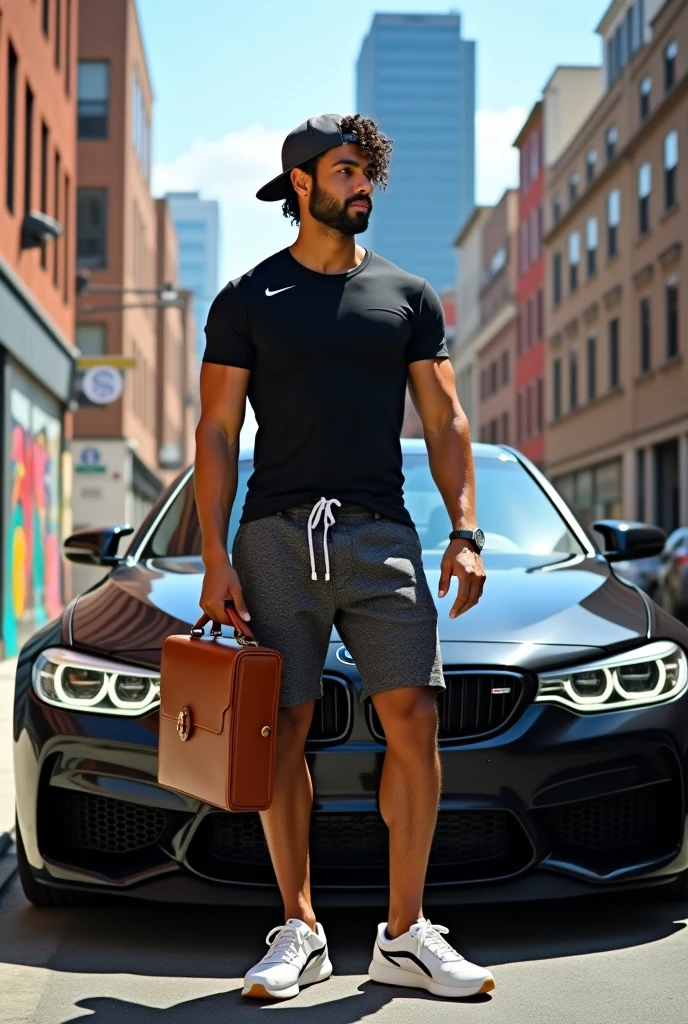 C’est un homme qui est musclé, He has curly hair with a backward baseball cap. Next to him is a BMW. He has a briefcase with 10,000 euros. He's wearing a Nike T-shirt, Dior shoes, and Louis Vuitton shorts.