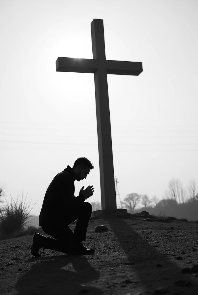 man kneeling before a cross alone black and white image