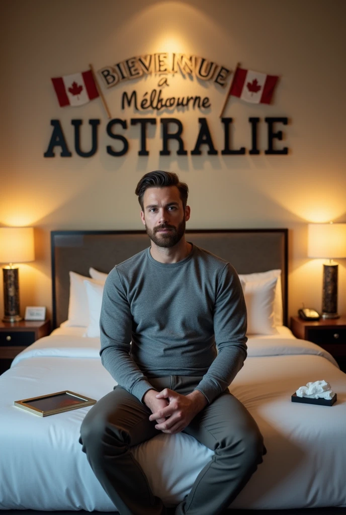 Homme caucasien grand de taille, charmant, un peu costaud, habillé en pantalon et tee-shirt manche longue, un homme dans une grande chambre d'hôtel, bien assis sur le lit ou sur le bord du lit le regard droit et fixé en avant en étant assis sur le lit dans une grande chambre d'hôtel et à côté du lit ou devant le lit il faut qu'il y ait une table et sur la table à côté du lit ou devant le lit il faut qu'il y ait un papier mouchoir déjà utilisé sur la table et sur le lit de l'hôtel qu'il soit déposer un cadre photo grand ou un peu grand qu'il est possible de faire arrêter sur le lit et faire face à la caméra et sur le mur du chevet du lit un tableau sur lequel il est écrit en français : Bienvenue à Melbourne AUSTRALIE et autour de la phrase qu'il y ait les emblèmes du Canada Québec ou le drapeau du Canada Québec