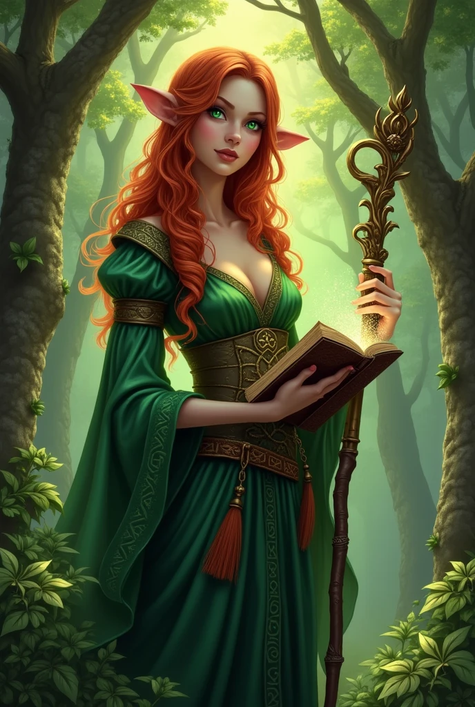 A red-haired mage with a grimoire and a staff, green eyes and no ears.
