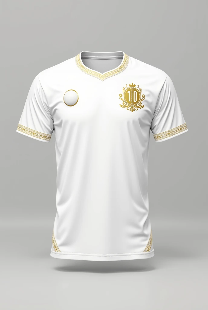 A mockup of a white sports t-shirt with gold details, front and back. At the front, a white circle on the left side of the chest, and a 10 year emblem on the right side of the chest, a band of arabesques that runs from the collar to the bottom hem of the shirt, with a space in the middle to place the player's number.