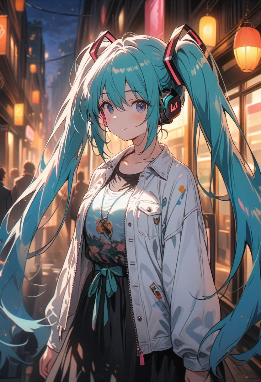 ((hatsune miku)), strolling, wear casual clothes, tree-lined street, long shot, pale skin, tired face, 8k,wallpaper of extremely detailed CG unit, masterpiece,hight resolution,top-quality,top-quality real texture skin,hyper realisitic,increase the resolution,RAW photos,best qualtiy,highly detailed,the wallpaper,cinematic lighting,ray trace,golden ratio, long shot,