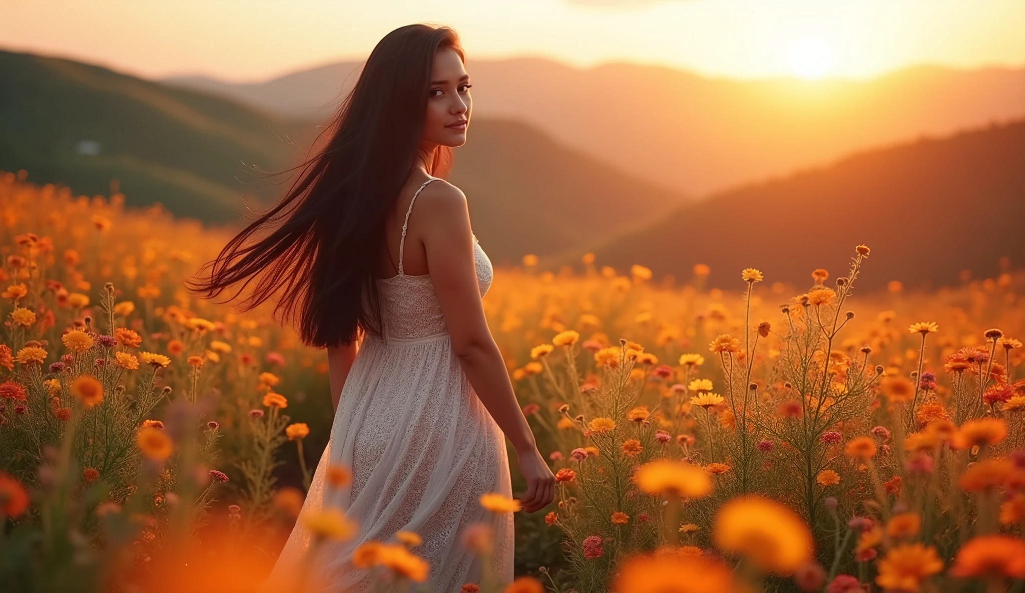 beautiful young mexican woman in hers 26 years, curvy body, amazin black eyes and long black hair, walking at sunrise in the middle of a flowers camp, epic view