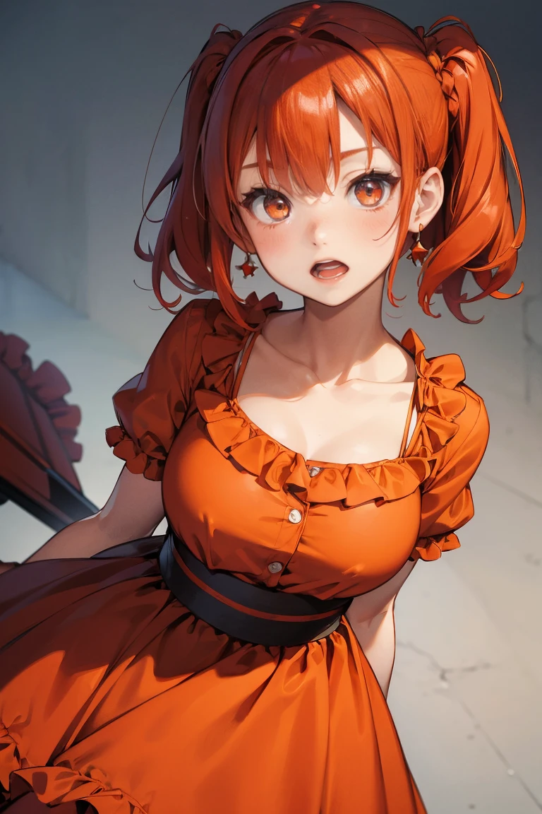 (Awkward), Red hair, Orange Hair, WeriArt Style, 1 Girl, blush, Upper Body, Very detailed eyes, Hiring, clavicle, Ruffle dress, open mouth