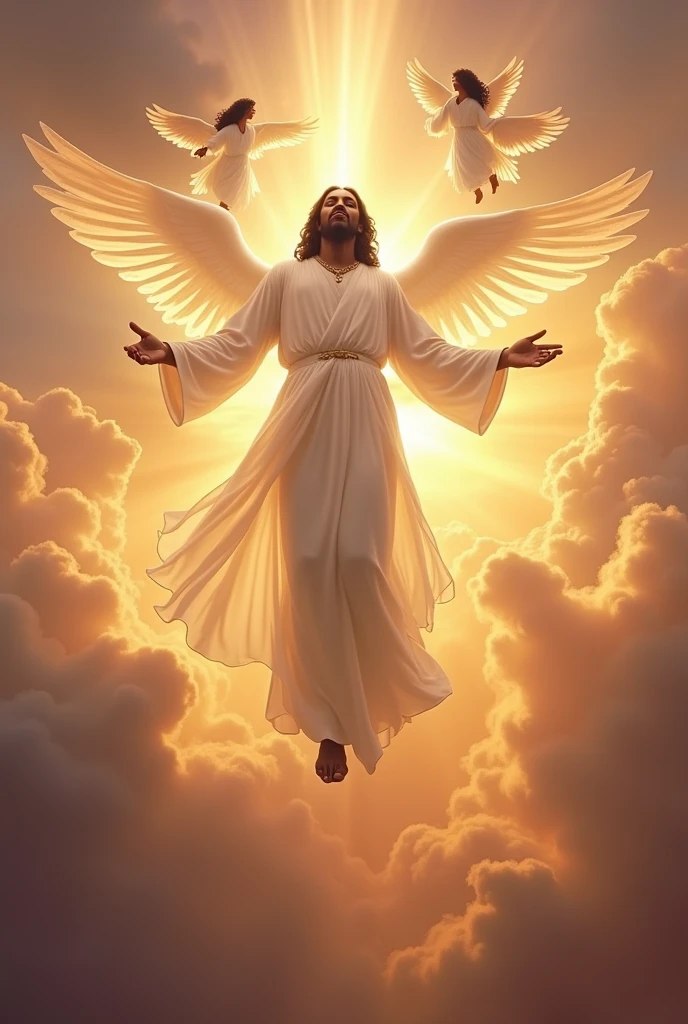 Black Jesus Christ in white robes appearing the whole body with a crown in all his glory. With beautiful black angels desending down from heaven with black Jesus