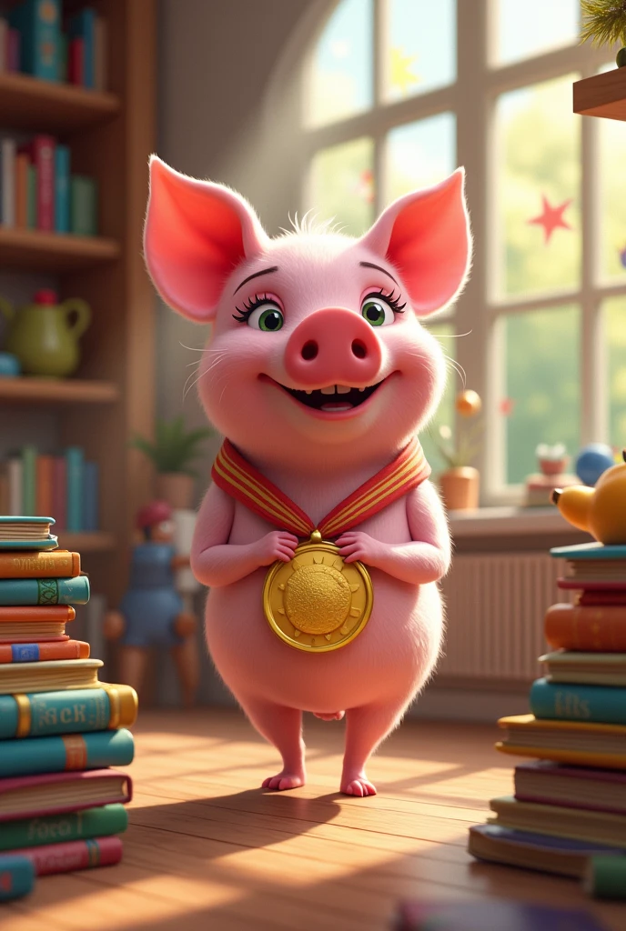 Pig with a gold medal and a book