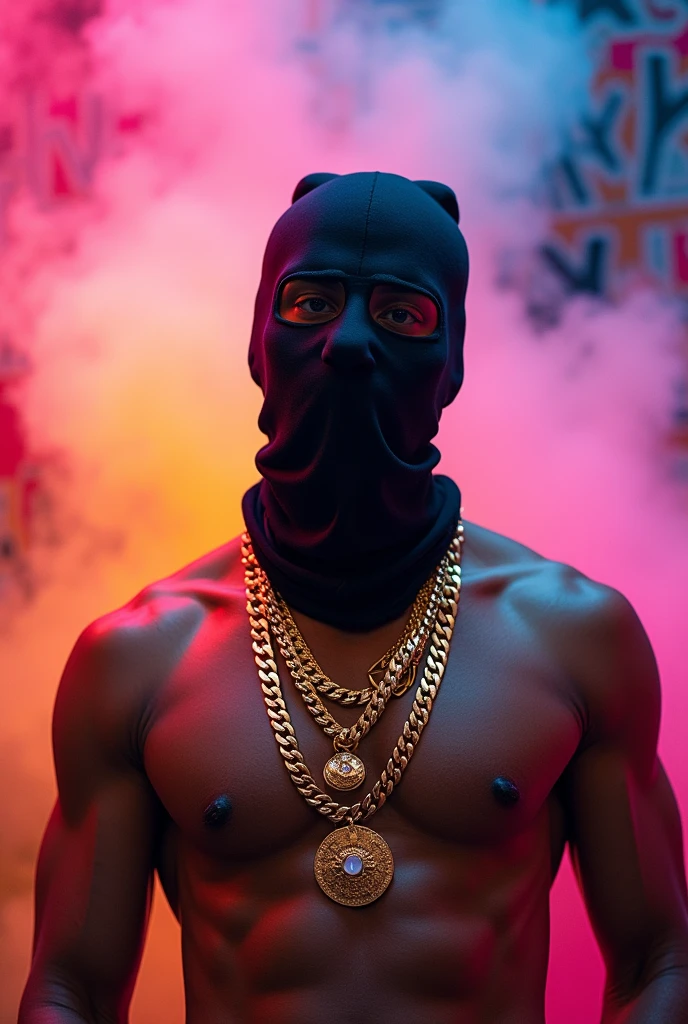 A rapper wearing a mask with gold chains, no shirt on,with a colorful background 