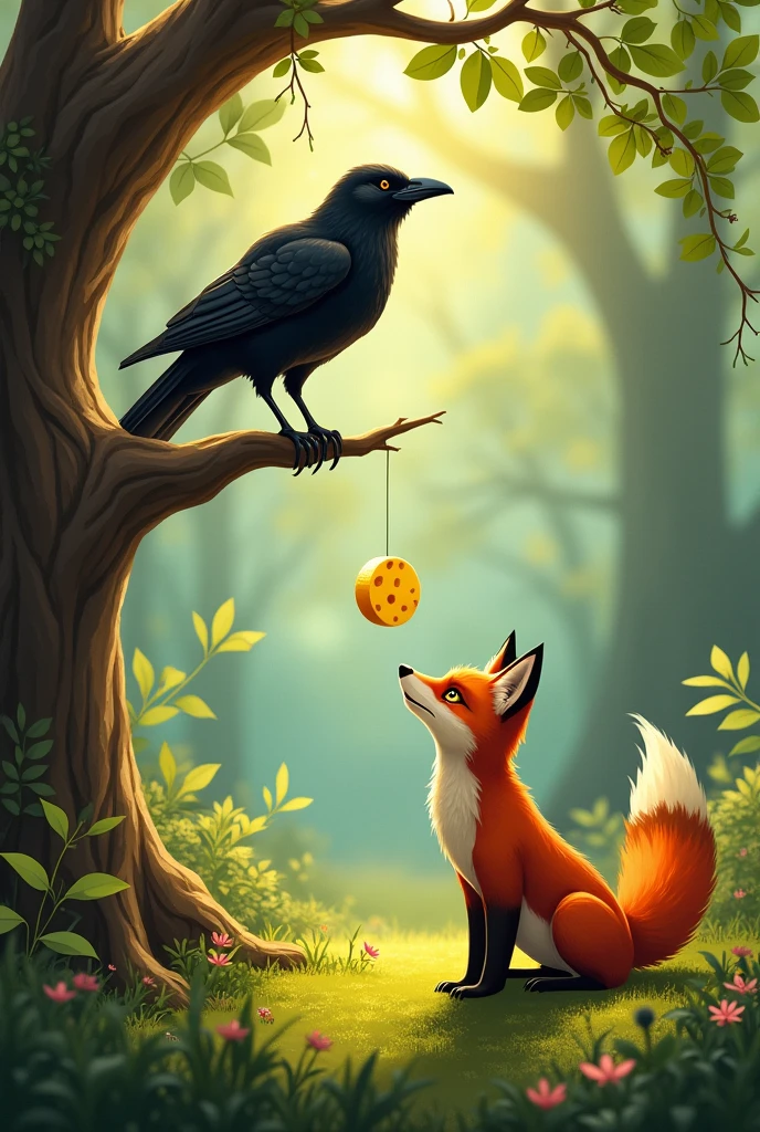 The crow was singing in the tree and the cheese fell from its beak, the fox was watching.