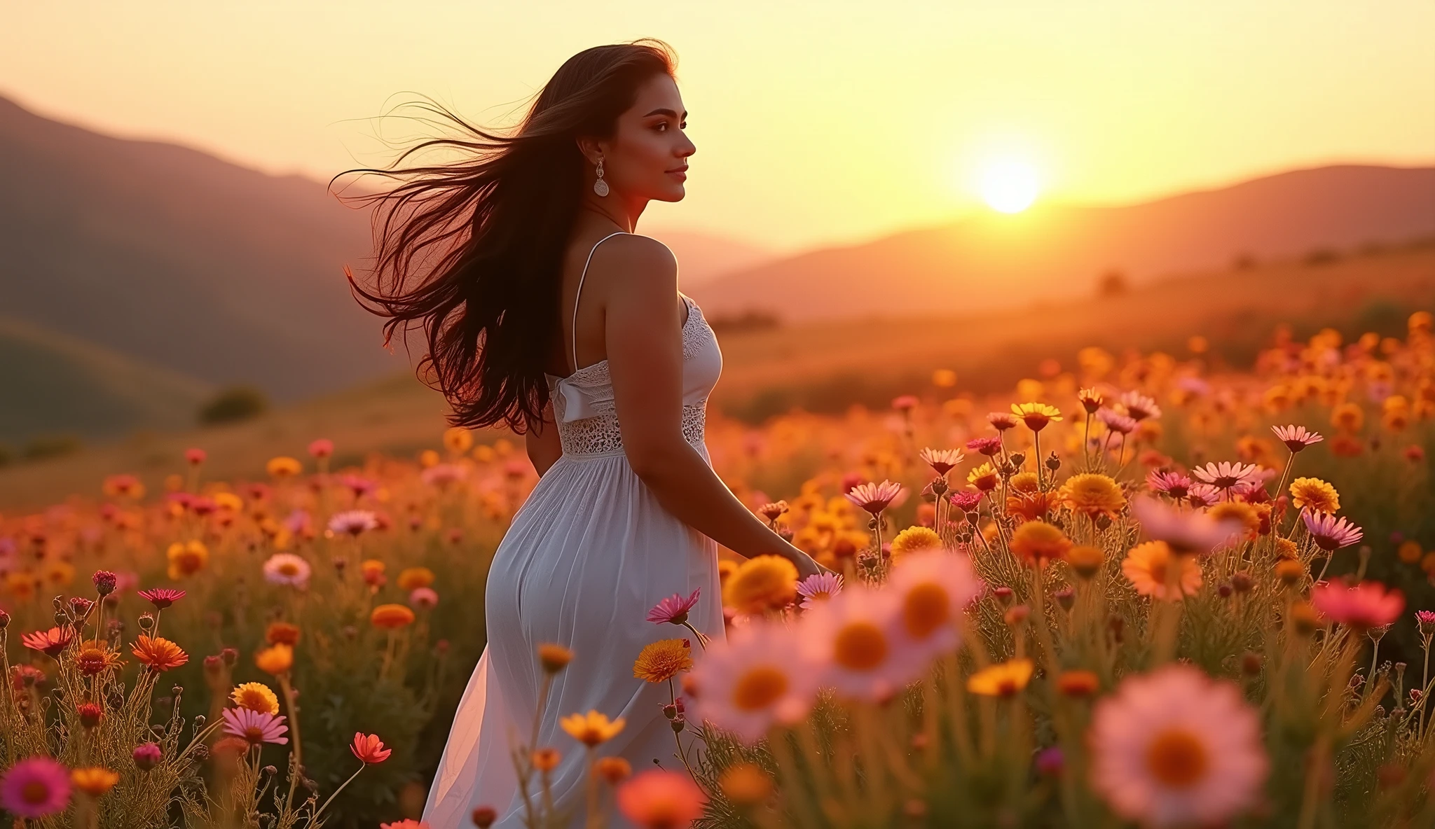beautiful young mexican woman in hers 26 years, curvy body, amazin black eyes and long black hair, walking at sunrise in the middle of a flowers camp, epic view