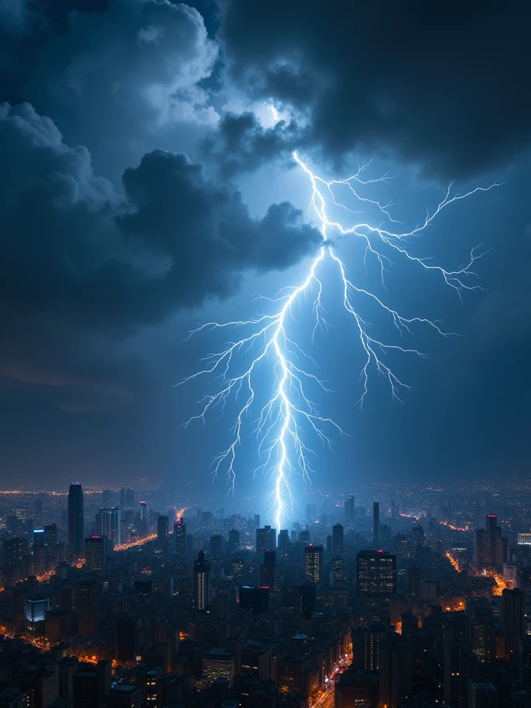 Une image hyperréaliste d'un éclair sortant d'un nuage orageux et d'un ciel orageux, formant la silhouette d'un samurai, l'eclair touche le sol. L'électricité forme le corps du samurai, avec des lignes brillantes et irrégulières créant ses contours et soulignant sa silhouette. Le décor est la ville de Tokyo la nuit, avec des nuages sombres et orageux presque apocalyptique au-dessus et derrière des éclairs illuminent la scène. Le samurai-éclair est entièrement formée et vivement détaillée, avec l'énergie et la lumière de l'éclair lui donnant une apparence éthérée et puissante. L'atmosphère est dramatique et intense. éclairage dynamique.