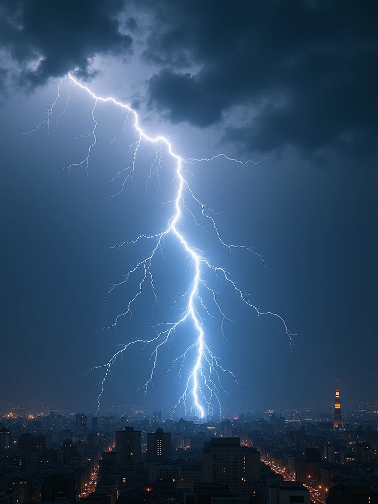 Une image hyperréaliste d'un éclair sortant d'un nuage orageux et d'un ciel orageux, formant la silhouette d'un samurai, l'eclair touche le sol. L'électricité forme le corps du samurai, avec des lignes brillantes et irrégulières créant ses contours et soulignant sa silhouette. Le décor est la ville de Tokyo la nuit, avec des nuages sombres et orageux presque apocalyptique au-dessus et derrière des éclairs illuminent la scène. Le samurai-éclair est entièrement formée et vivement détaillée, avec l'énergie et la lumière de l'éclair lui donnant une apparence éthérée et puissante. L'atmosphère est dramatique et intense. éclairage dynamique.