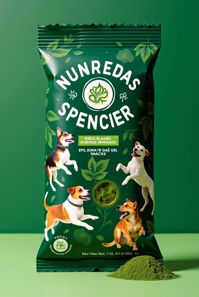 A gel snack for dogs that comes in a bar packaging (like the Churu's for cats) that has the brand name SpiruSnacks, with images of dogs and that looks healthy, Its main color is dark green and there are images of immunity and microbiota and everything written is in Spanish and there is a photo somewhere of spirulina, which is a green powder.