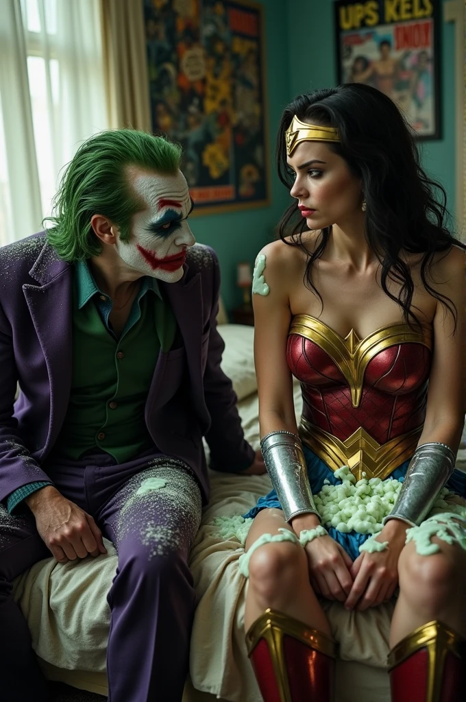 joker and wonder woman sitting on the bed. joker looks embarrassed and apologetic, wonder woman looks angry and covered in salad cream. realistic photo