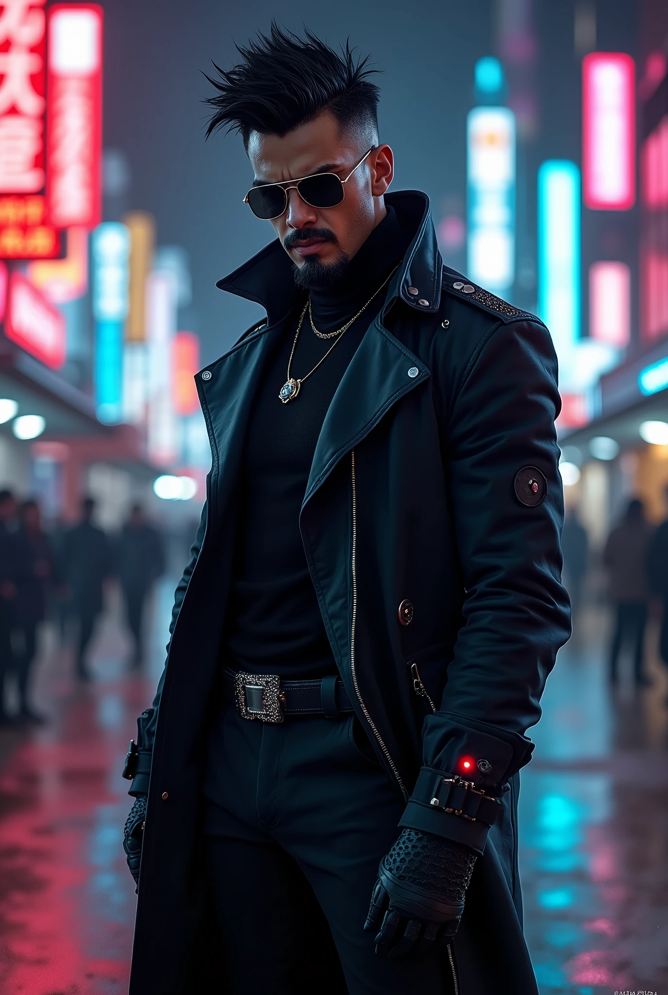 portrait, 1 man, ocidental man, black spiky hair, black goatee, athletic body, black futuristic overcoat, sunglasses, black belt, black boots, angry face, turtleneck with leds in it, neon, cyberpunk, night city, futuristic