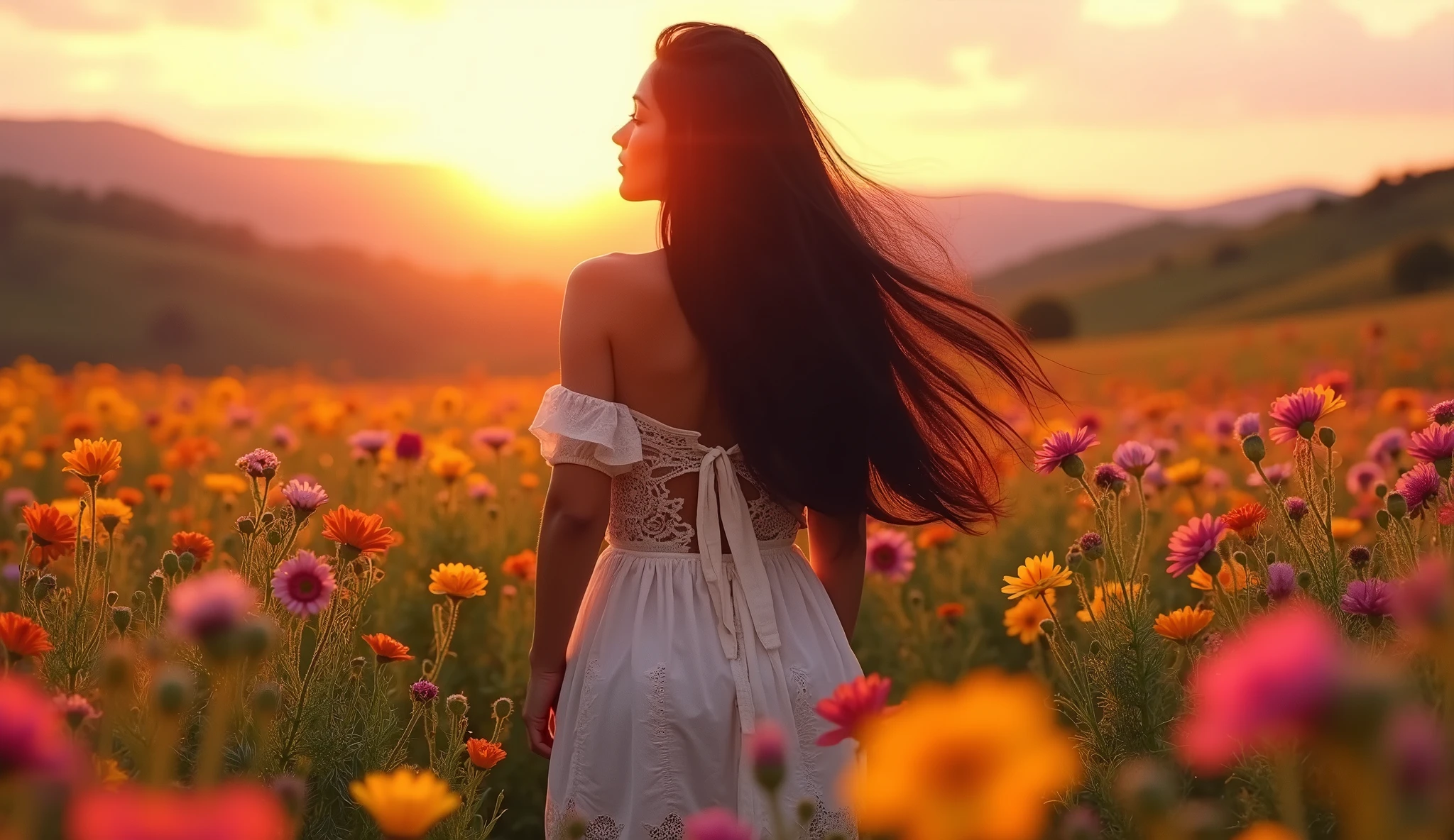 beautiful young mexican woman in hers 26 years, curvy body, amazin black eyes and long black hair, walking at sunrise in the middle of a flowers camp, epic view