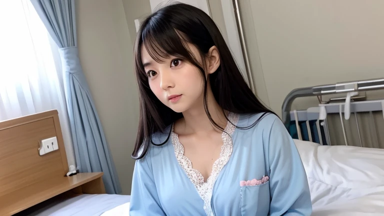 prompt: figure: Japanese women, Cute Pajama Color: Light blue dress and accessories Face: Large, narrow eyes, Small chest Expression: Troubled face ,place:On a hospital bed Additional details: Emphasize the lace details。 Hairstyle、Black long hair is preferred。Please do not style the hair。 Cute、Emphasize a clean and fresh atmosphere。Please show the entire figure.