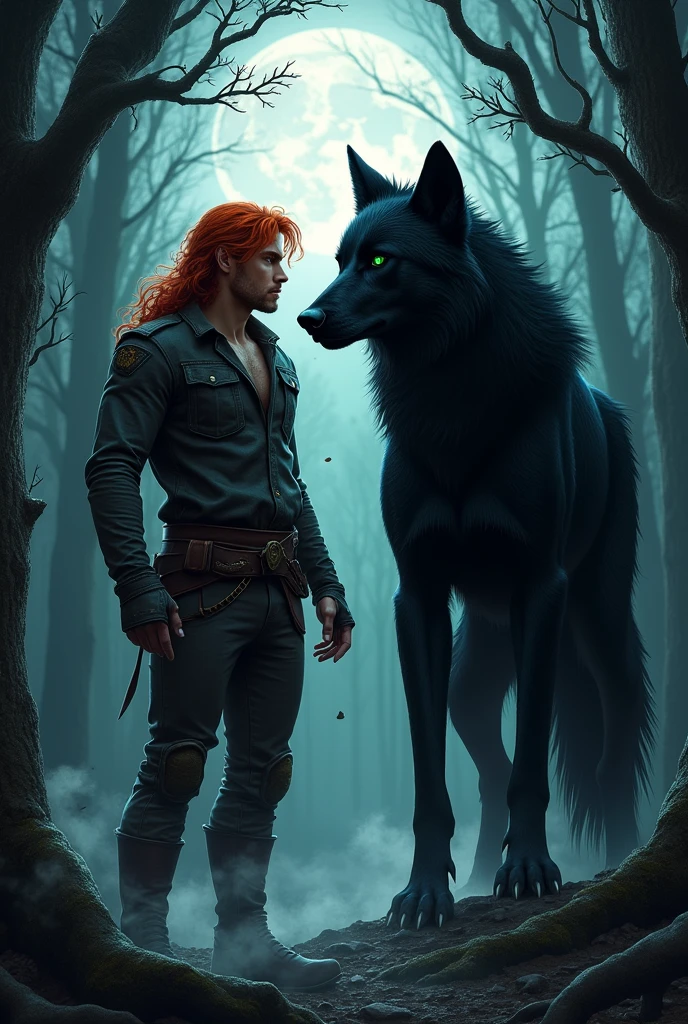 A red-haired man with a black humanoid werewolf at his side