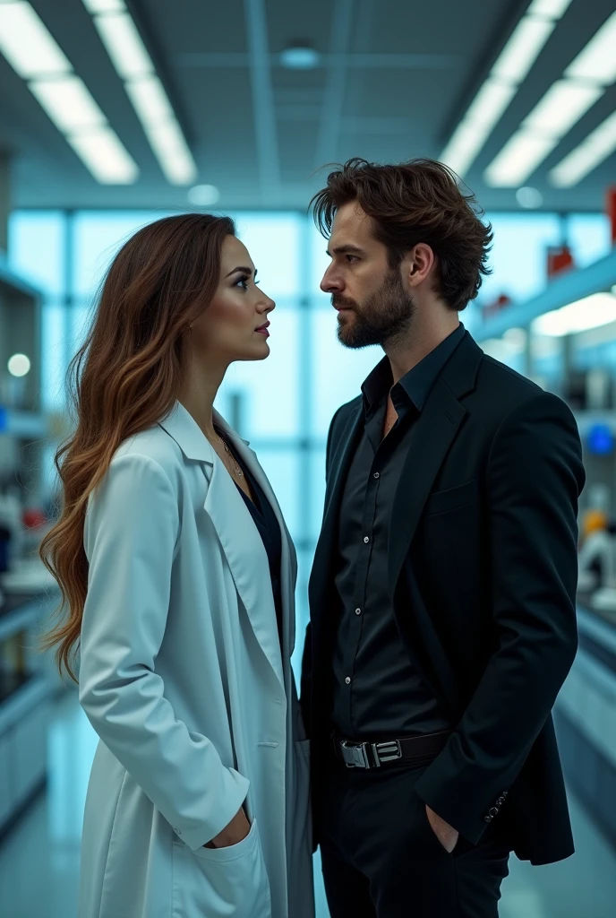 (Photorealism:1.2), Make a beautiful couple. A woman of 22 years old, brownhair claros, wearing a lab coat. A 25 year old man, brownhair, unshaven beard, wearing a flawless black suit, with a gun on his waist.