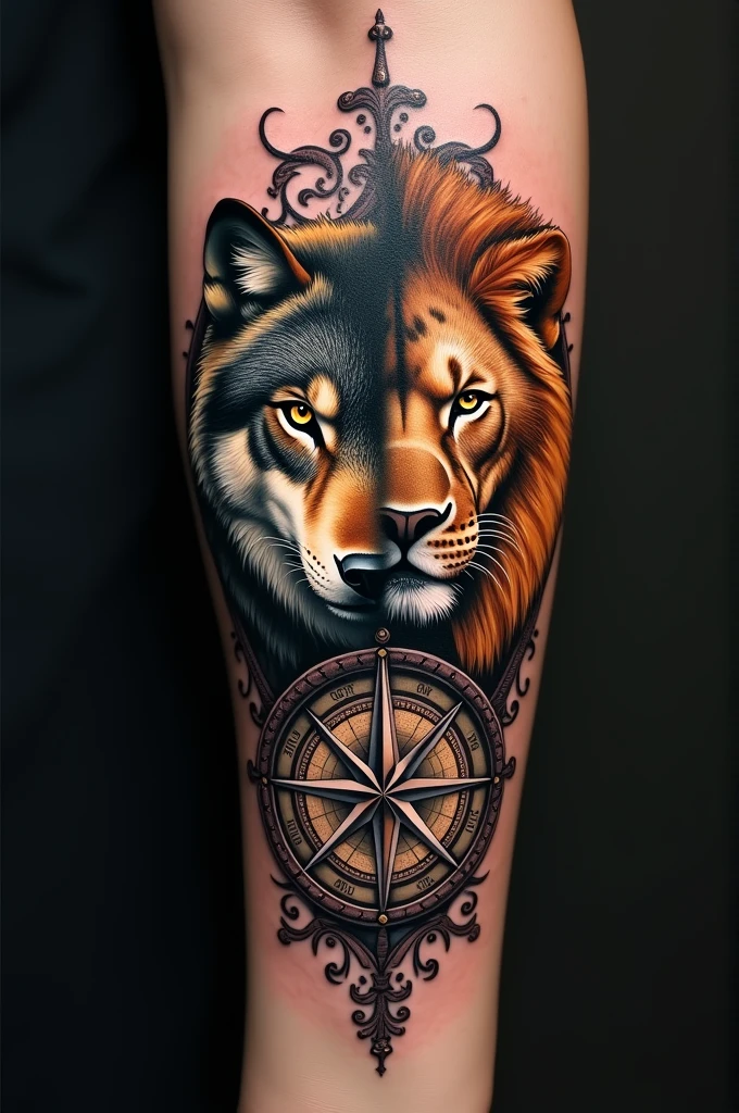 Wolf tattoo design, lion and compass tattoo on the arm 