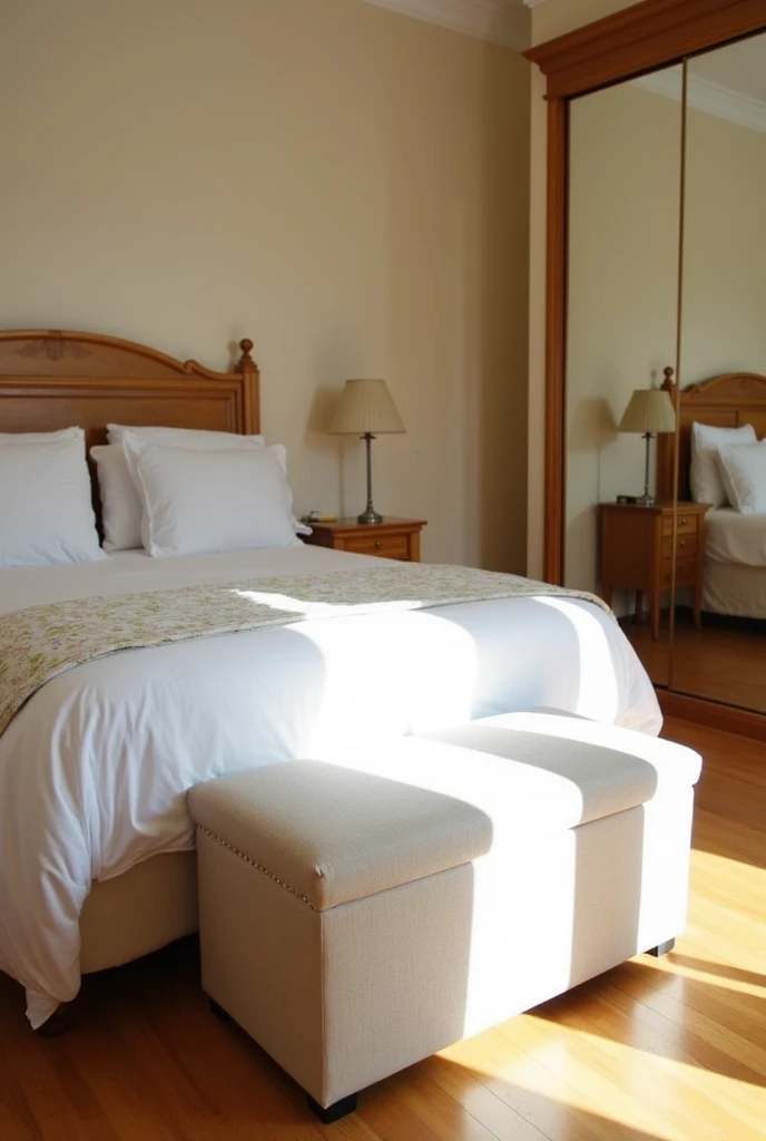 A double bedroom with a beautiful headboard, a padded chest at the foot of the bed, lampshade, closet
