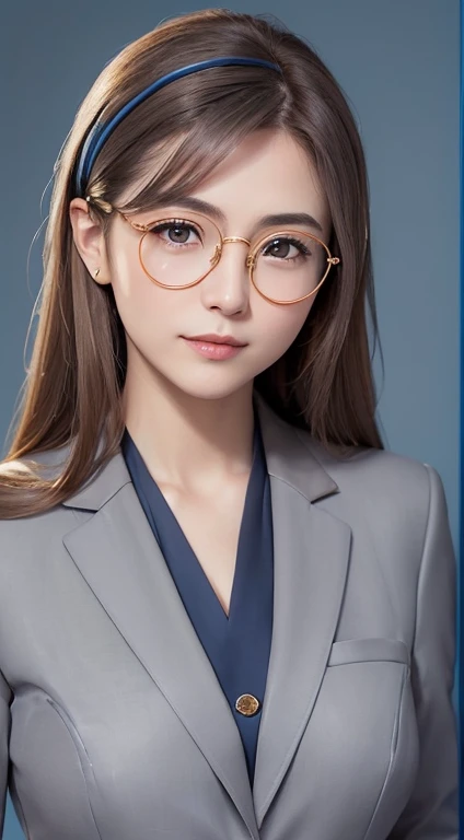 high quality, High resolution, masterpiece, Cutting-edge female photography portraits, Taking a picture from the chest up、((((Round glasses with a thin golden frame))))、Look forward、A kind smile、Serious and gentle impression, Wearing a suit、office lady、Professional Lighting,Japanese actress、Japanese women、alone、Attention to detail, (((A simple blue background:1.4))),((( Studio Light:1.3 ))),((Light light brown hair:1.2)),Beautiful dark makeup,Look straight ahead with your whole body in front,((((Beautiful face like an actress)))),((((Gray formal suit:1.4)))),Realistic proportions, Complex, Sharp focus,Professional photography,((Resume photo))