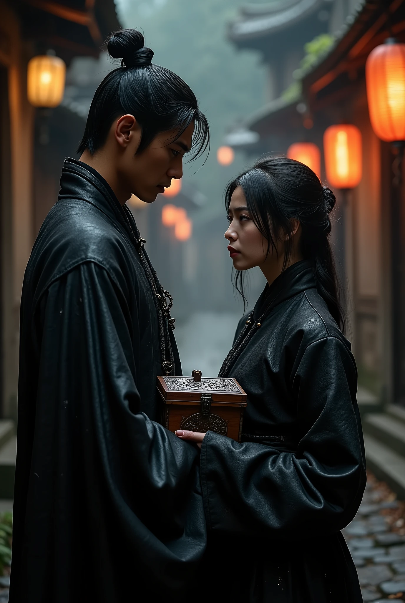 A man with short black hair, Cao Cao, dark skin and extremely handsome, a hard and sad expression on his face, He wears black, old clothes, he is with a woman with short black hair and old black clothes, she holds a small wooden box.
