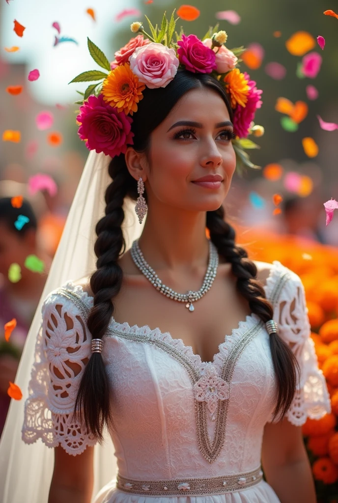 (photorealism:1.2), A Mexican bride vividly resplendent, her traditional white dress of intricate lace, trimmed with intricate lace on the sleeves, chest and neck. her hair braided and decorated with colorful flowers. The vibrant white of her outfit stands out against a background of intensely colored confetti and vibrant marigolds. This stunning photograph captures the essence of Mexican culture with remarkable clarity and detail, showcasing the beauty and elegance of this ceremonial attire. Every aspect of the image radiates a sense of celebration and tradition, making it a truly impressive representation of Mexican heritage.