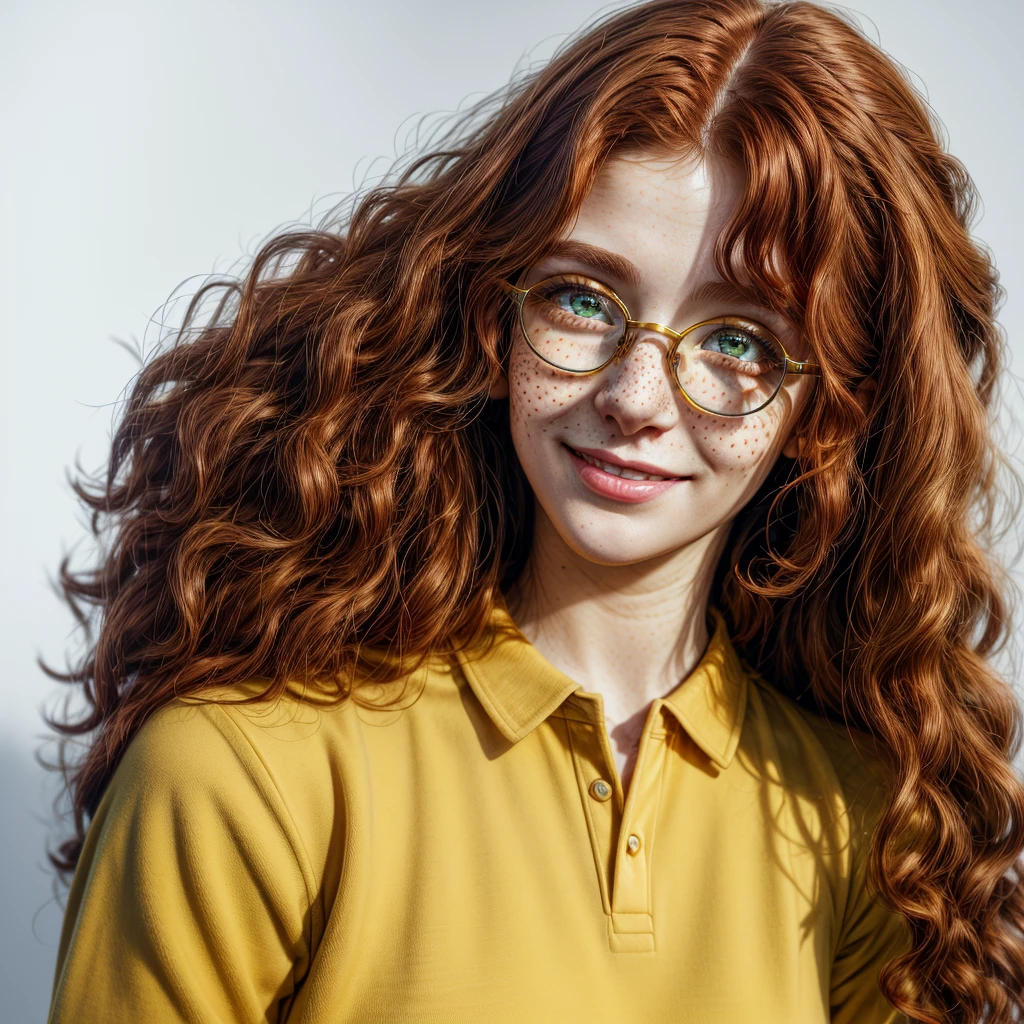 photorealistic, half-length portrait, a fashion smiling young woman, green eyes, red curly hair, freckles. wearing yellow round glasses, blue polo shirt, white background, high resolution, intricate details, 8k