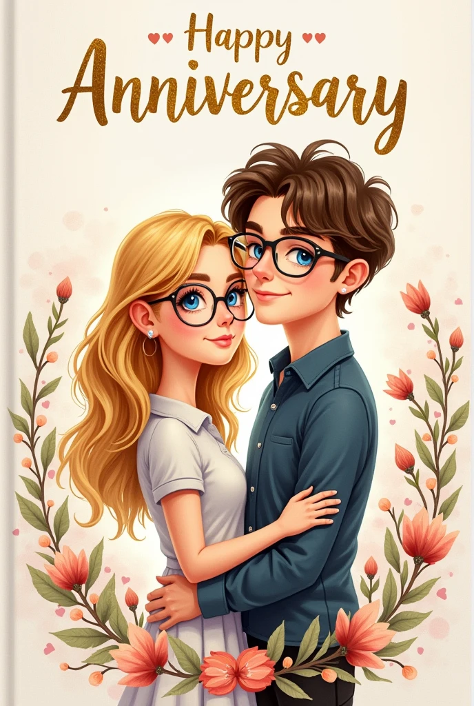 book cover for a couple's book for an anniversary
She has blonde hair, glasses and blue eyes.
He has dark blonde hair, glasses and blue eyes.