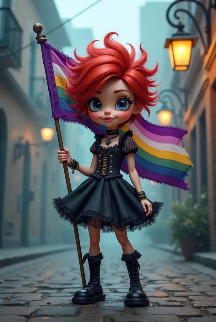 A cartoon-style character, short, curly red hair, gothic and with a non-binary flag