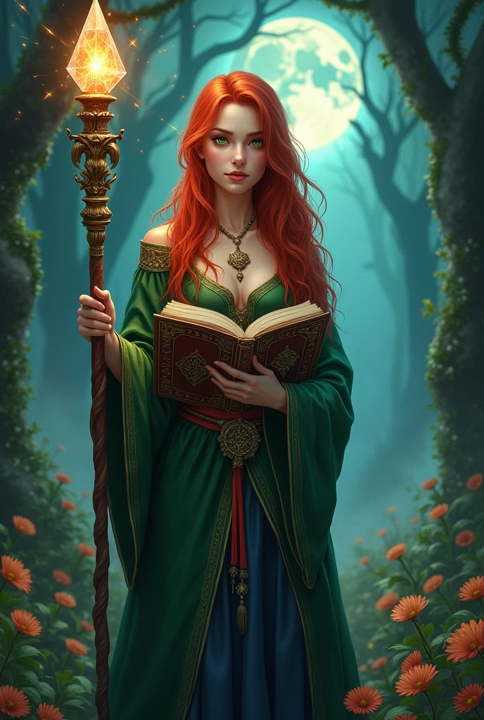 A red-haired mage with a grimoire and a staff, green eyes and no ears.