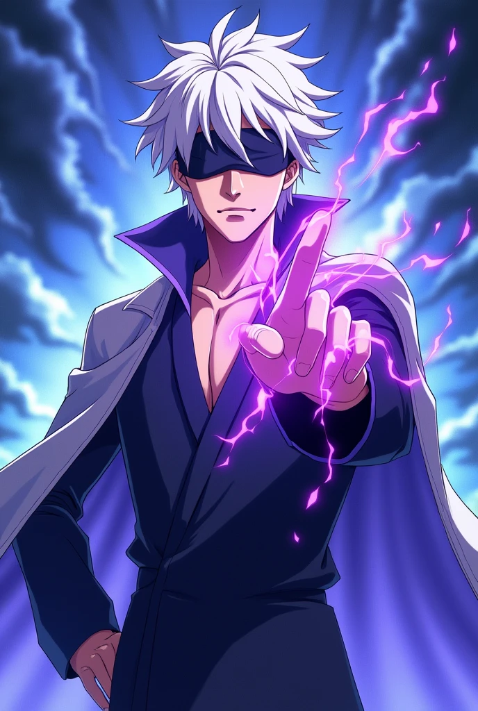 Satoru Gojo, Youngh,27 year old, white hair up,blindfolded,large sale up to the eyebrow, middle finger crossing with the index finger,Purple Spell,blue stick,anime image.