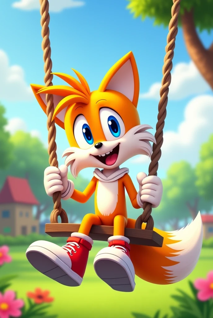 Tails Prower, Miles Prower, solo, looking at viewer, smile, 1boy, sitting on a swing full body, 2d animation with his shoes and gloves on
