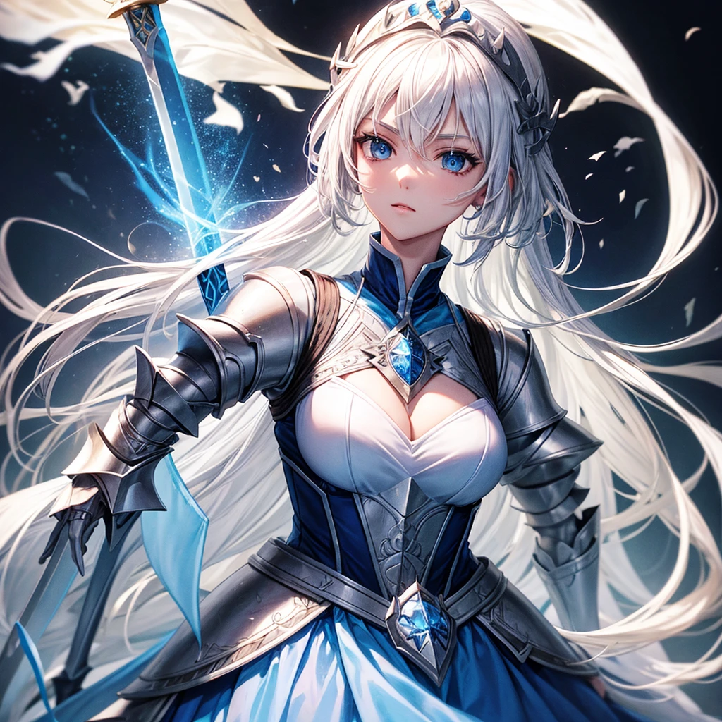 White haired beautiful princess knight wearing blue armor, holding a sword, upper body,