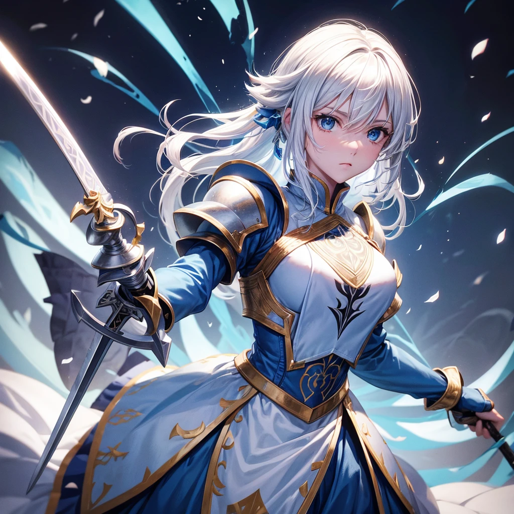 White haired beautiful princess knight wearing blue armor, holding a sword, upper body, 